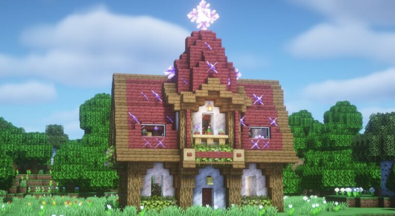 マインクラフト アメジストと赤い屋根の可愛いファンタジーハウスの作り方 Minecraft How To Build A マイクラ建築 Youtubeマインクラフト情報局
